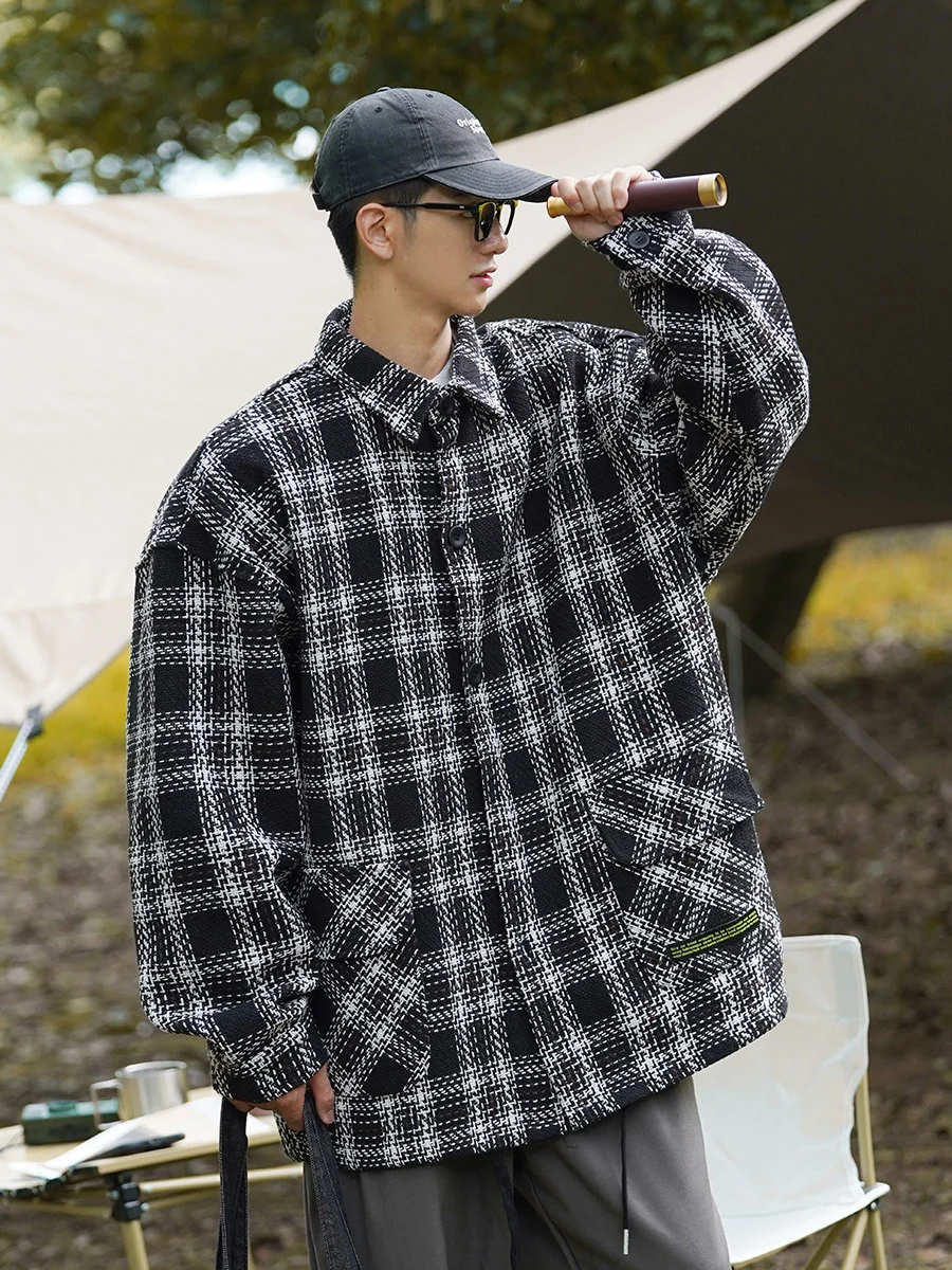 

2022 Men's Workwear Cargo Coats Fashion Trend Woollen Blends Loose Streetwear Jackets Lattice Printing Clothes Outerwear M-2XL