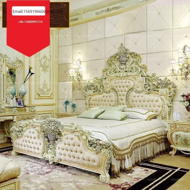 

Italian solid wood carved double bed European luxury cloth painted bed villa master bedroom princess bed