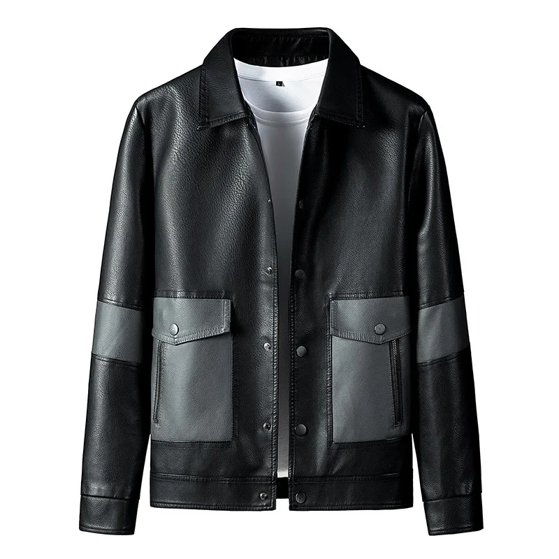 

Autumn 2023 Business Men's Leather Jackets Motorcycle Bike Streetwear Clothing Men Stand Collar Pocket Zipper Overcoat Man