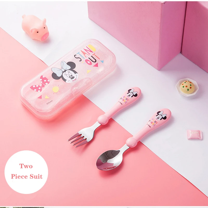 Disney Children's Spoon Fork Set Cartoon Minnie Mickey Kids Stainless Fork Spoon and Storage Box Three-Piece Portable Cutlery