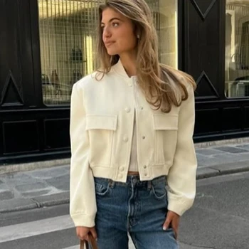 سترة نسائية منفوخة من HXAO سترات ديمي الموسم بأكمام طويلة ملابس خارجية مقصوصة باللون البيج والأسود سترة طيار بأزرار للنساء 4