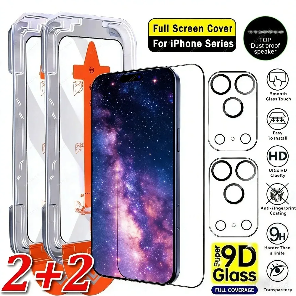 4-in-1 Full Cover Screen Protector for iPhone 17 16 15 14 13 Pro Max Air 16 15 Plus 12 11 Pro Mini One Click Installation Glass