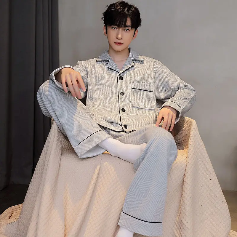 Men Pajamas Autumn Winter Thickened Cotton Long Sleeve Interlayer Loose Extra Large Air Filter Cotton The New Homewear Set