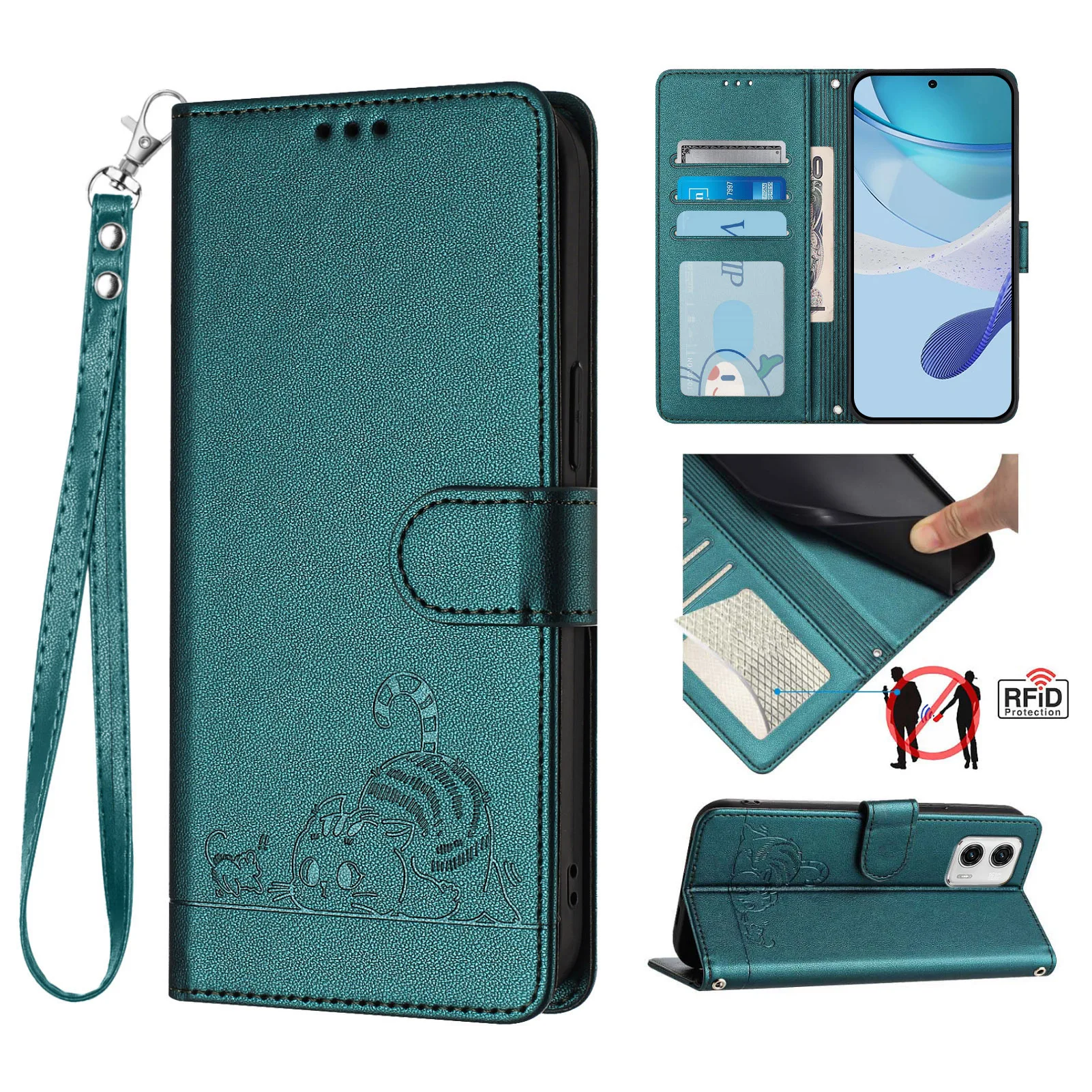Charming Cat Crossbody Leather Wallet Phone Case with Lanyard and Card Slots