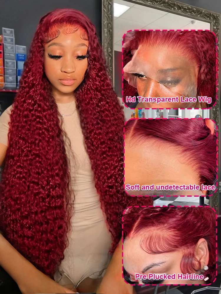 250 Density 13x4 Curly 99J Burgundy Lace Front Wig Red Wine Colored 30 40 Inch Deep Wave 13x6 HD Lace Frontal Human Hair Wigs 4