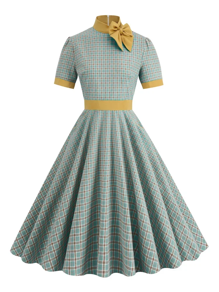 

Bow Tie Neck Elegant Evening Ladies Vintage Plaid Dresses Women High Waist Pocket 50s Rockabilly Long Swing Party Dress Vestdios