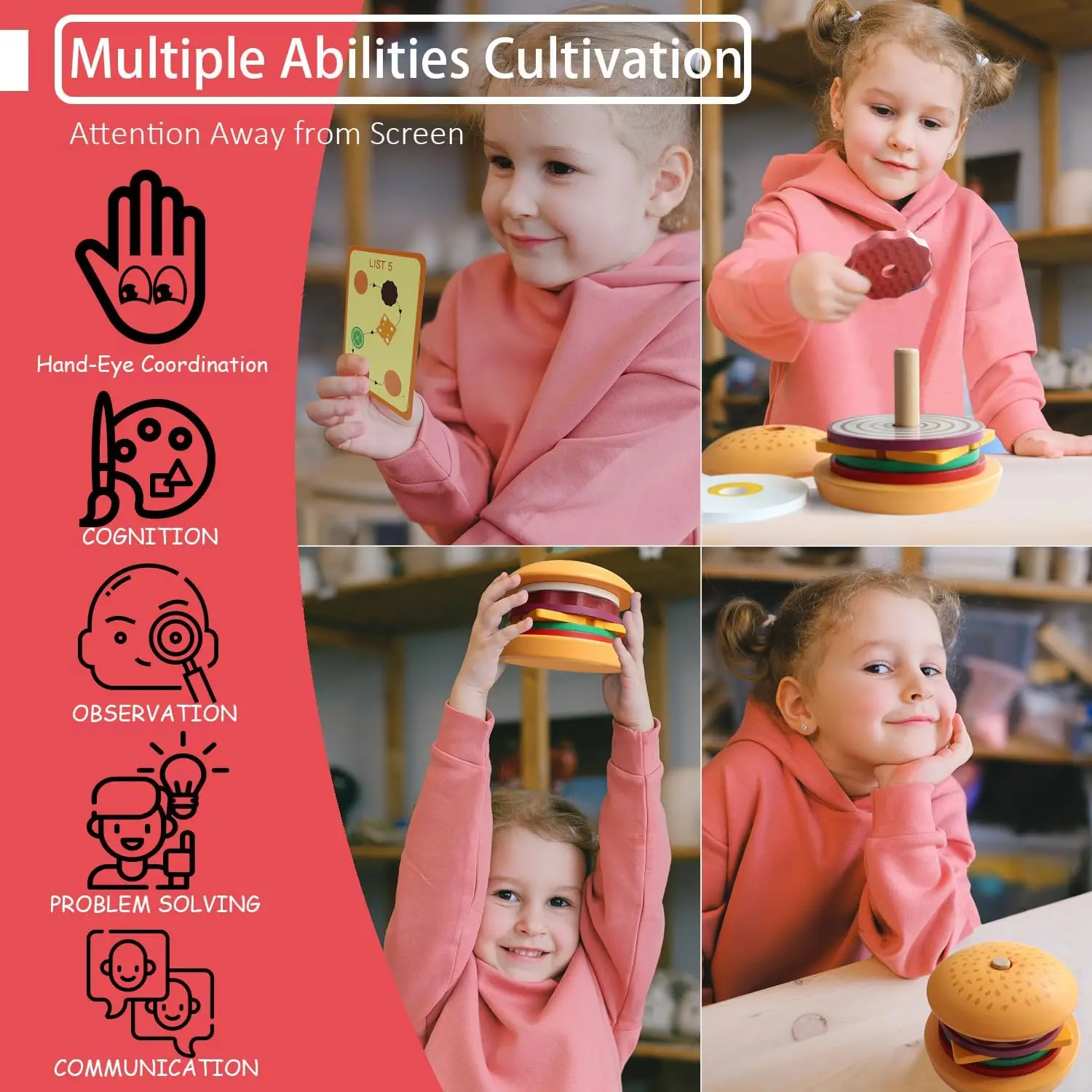 Wooden Burger Sandwich Stacking Toys For Toddler Kids Preschool Learning Educational Toys Pretend Play Food Kitchen Toys Gift 5