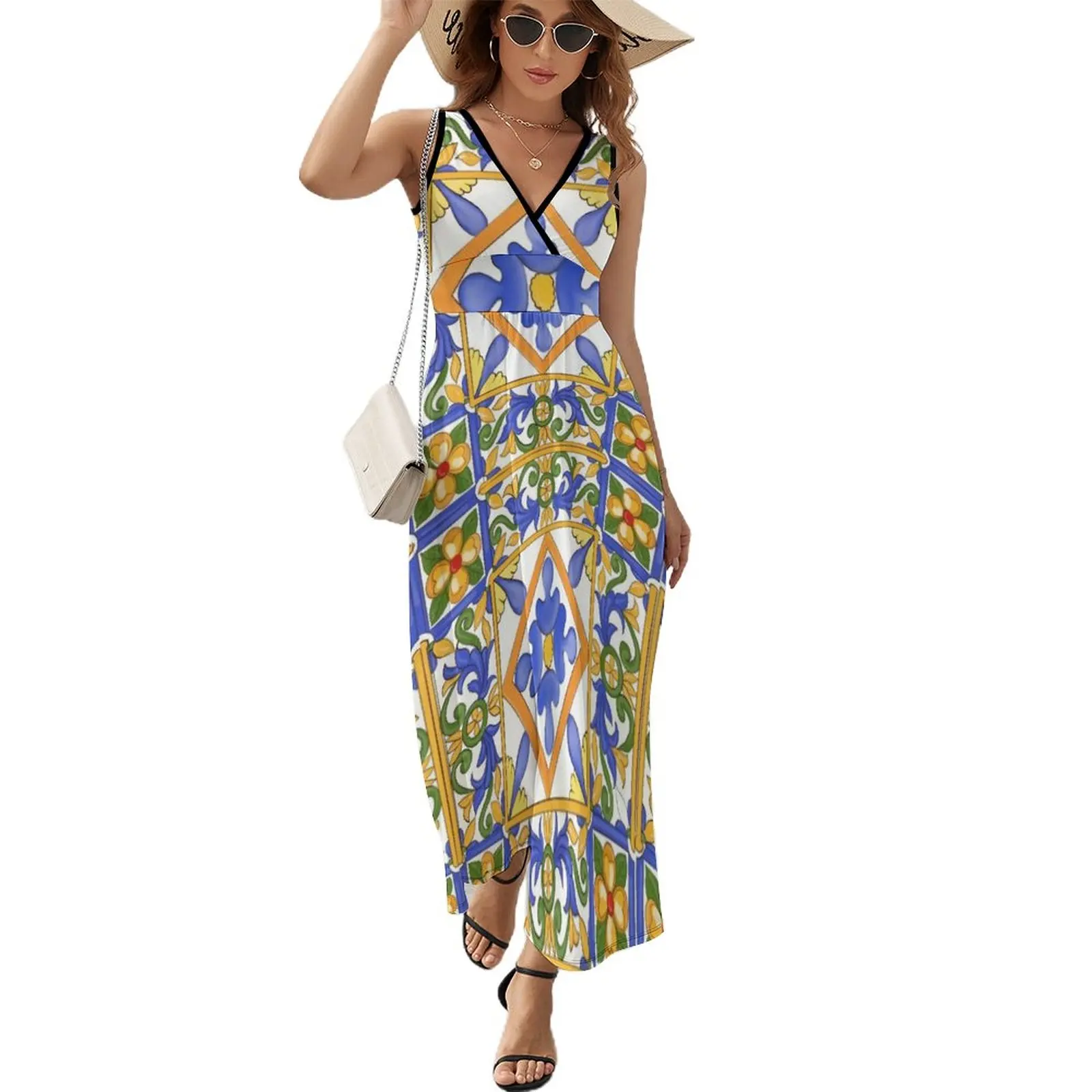 

Citrus,Sicilian style summer decor pattern Sleeveless Dress summer dress womens 2023 Woman fashion Woman's evening dress