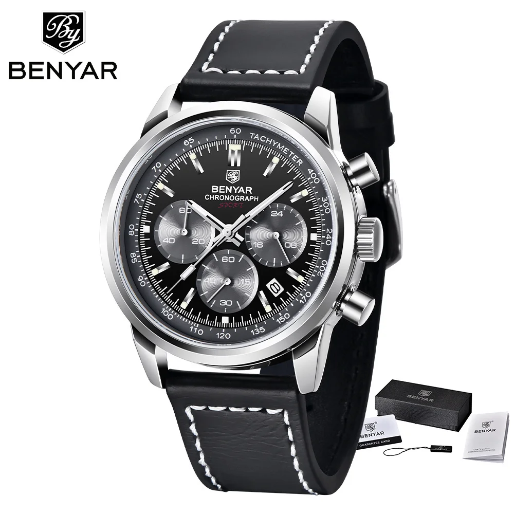 BENYAR Watch For Men Quartz Top Brand 42MM Luxury Watch Chronograph 30M Waterproof Calendar Luminous Men Watch Reloj Hombre