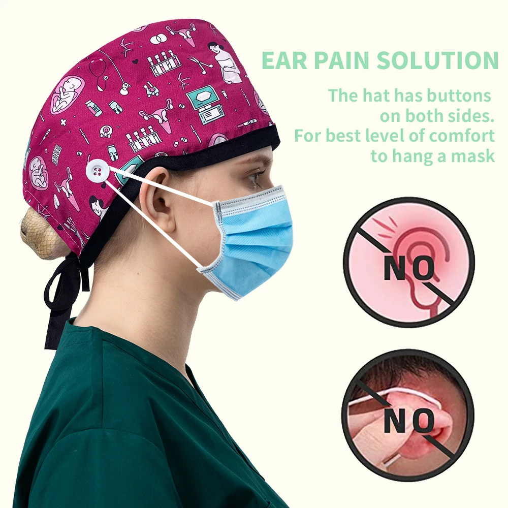 Scrub Caps For Medical Professionals - Surgical Hats With Ponytail Hole & Buttons