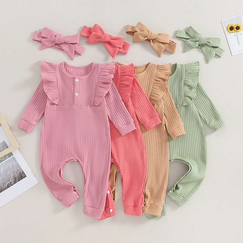 

0-18M Newborn Infant Baby Girl Jumpsuit Fall Long Sleeve Crew Neck Romper with Headband 2pcs Set Clothes Autumn Winter Outfits