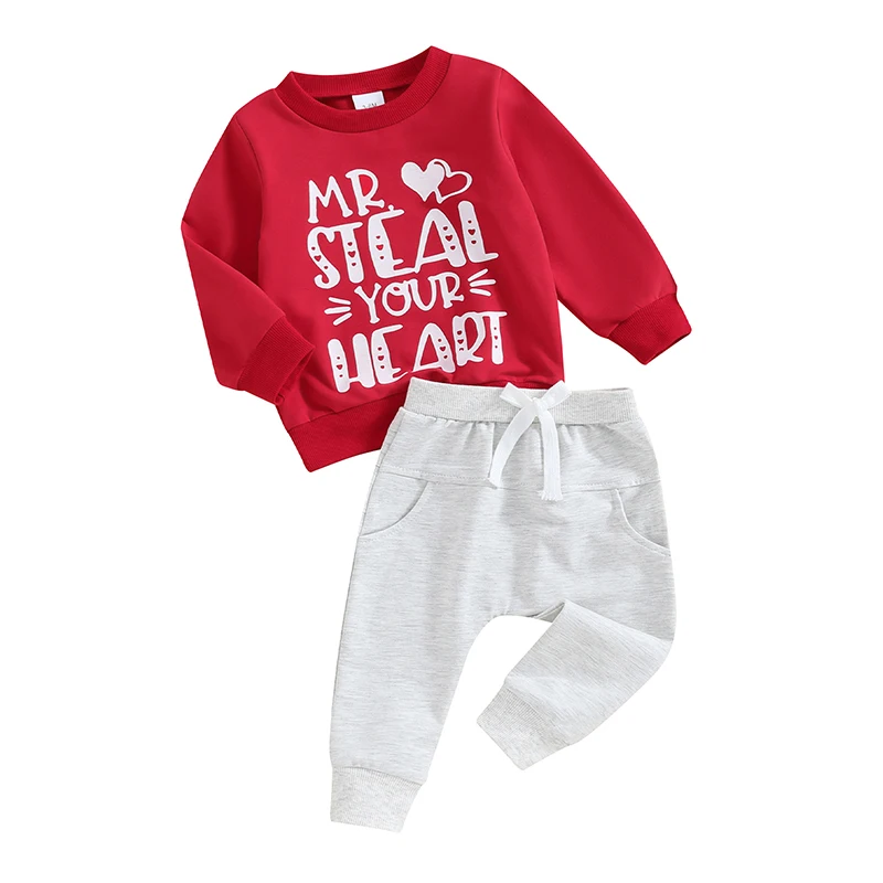 

Molgkyo Toddler Baby Boy Valentines Day Outfit Long Sleeve Letter Print Sweatshirt Tops Pants Set 2Pcs Infant Spring Clothes