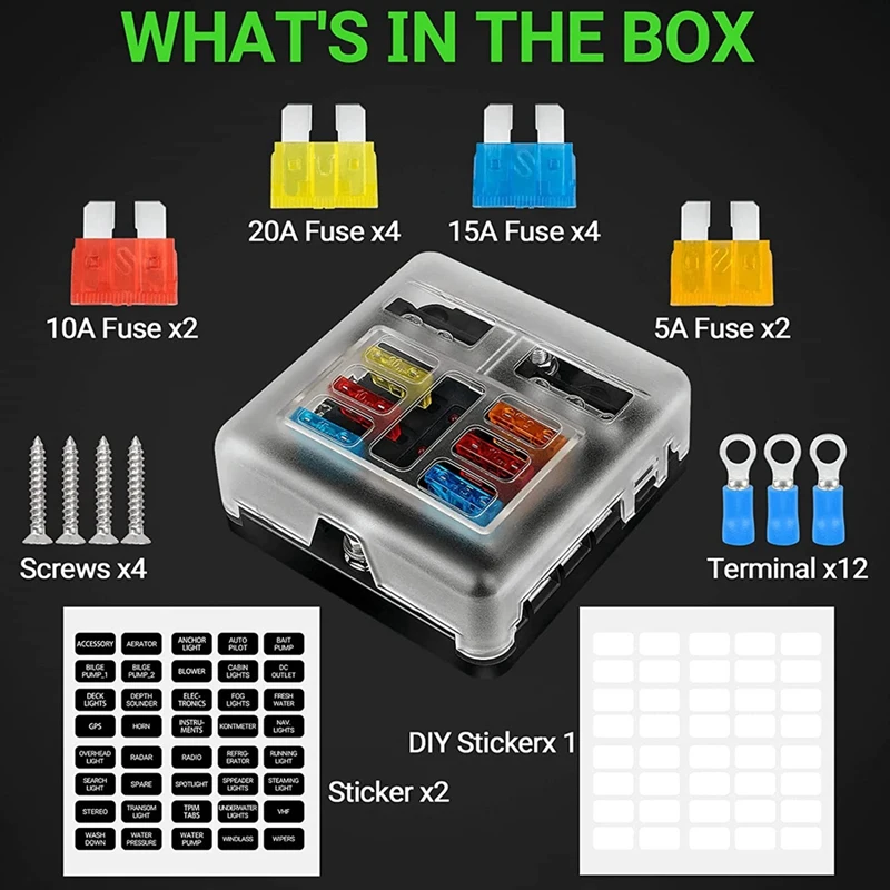 6 Way Waterproof Fuse Block,With LED Indicator Accessory Part Kit With Negative Marine Fuse Box For Dc12-24V Car Boat RV Truck