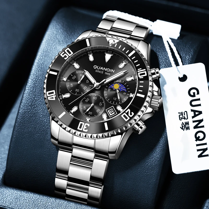 GUANQIN Mens Watches Fashion Quartz Watch Men Stainless Steel Watch Men's Multifunctional Waterproof Luminous clock 2024 New
