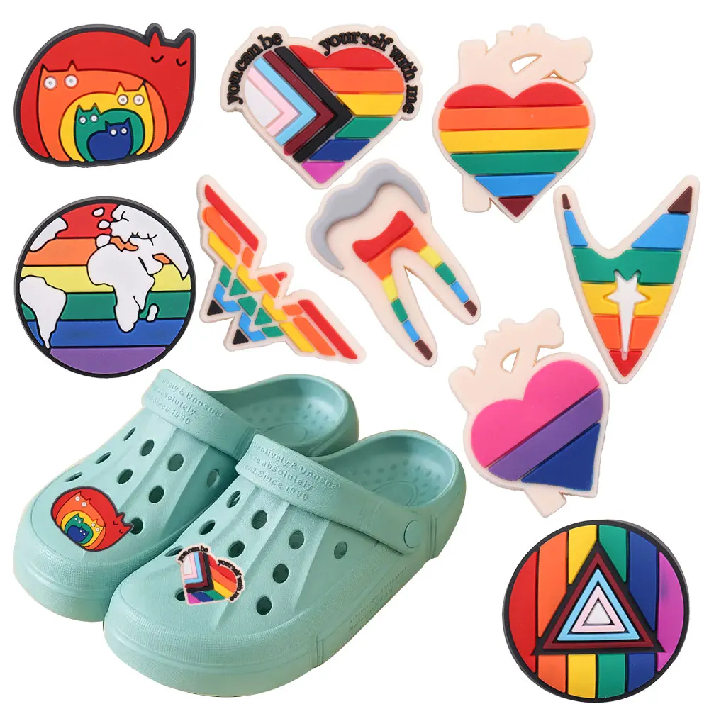 

Hot Sale 1-9pcs PVC Shoe Charms Iridescence Earth Heart Cat Accessories DIY Shoe Decoration For Croc Jibz Kids X-mas Gift
