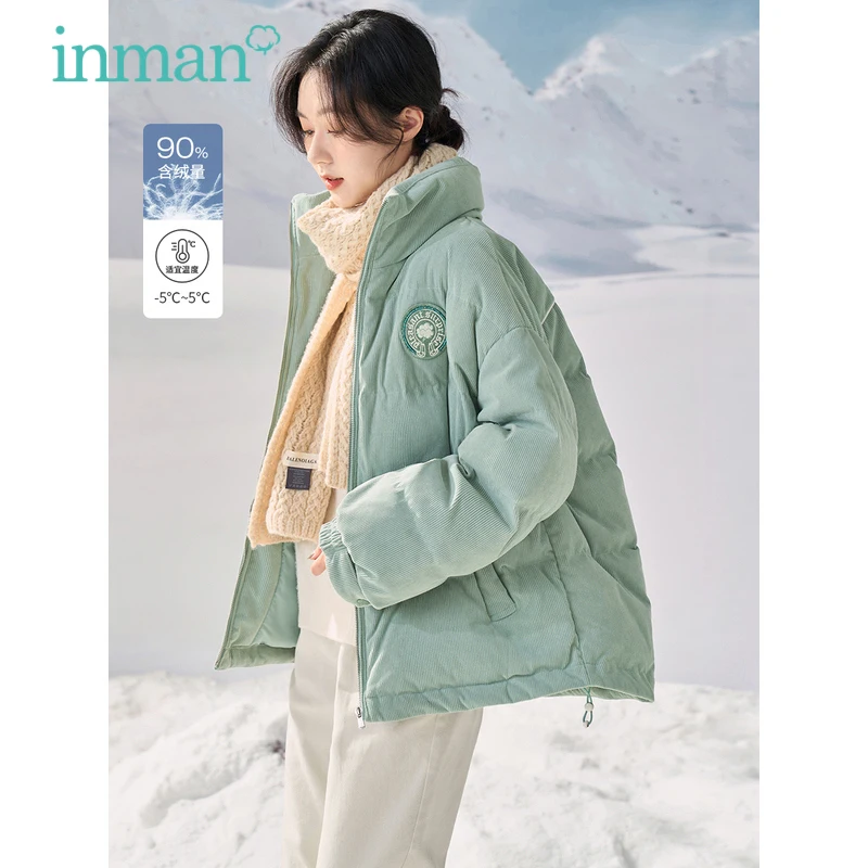 

INMAN Women Down Jacket Winter Long Sleeves Stand Collar Loose 90% White Duck Down Coat Embroidery Casual All-match Outwear