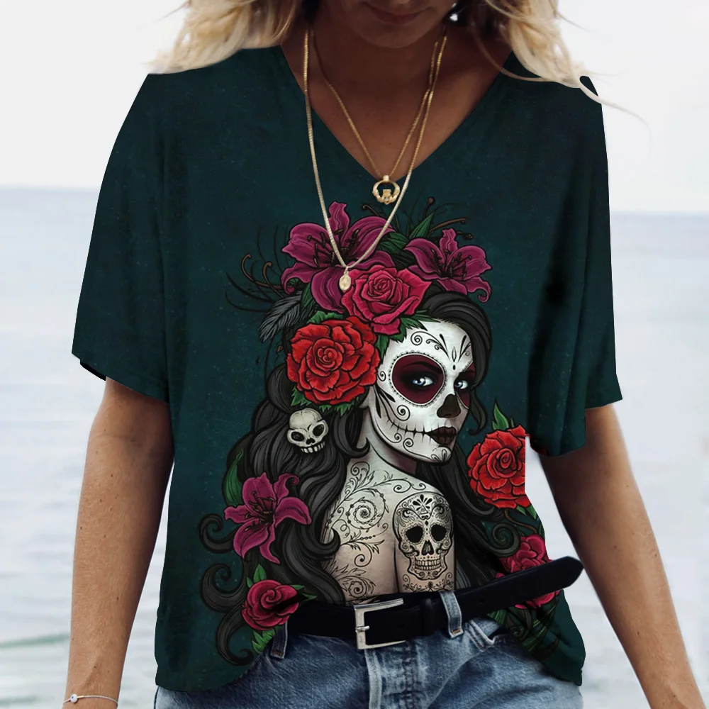 

New Ladies T-Shirts Skull Beauty Print Harajuku y2k Streetwear Day of the Dead Clothing Tops Women Plus Size Clothing Summer 6xl