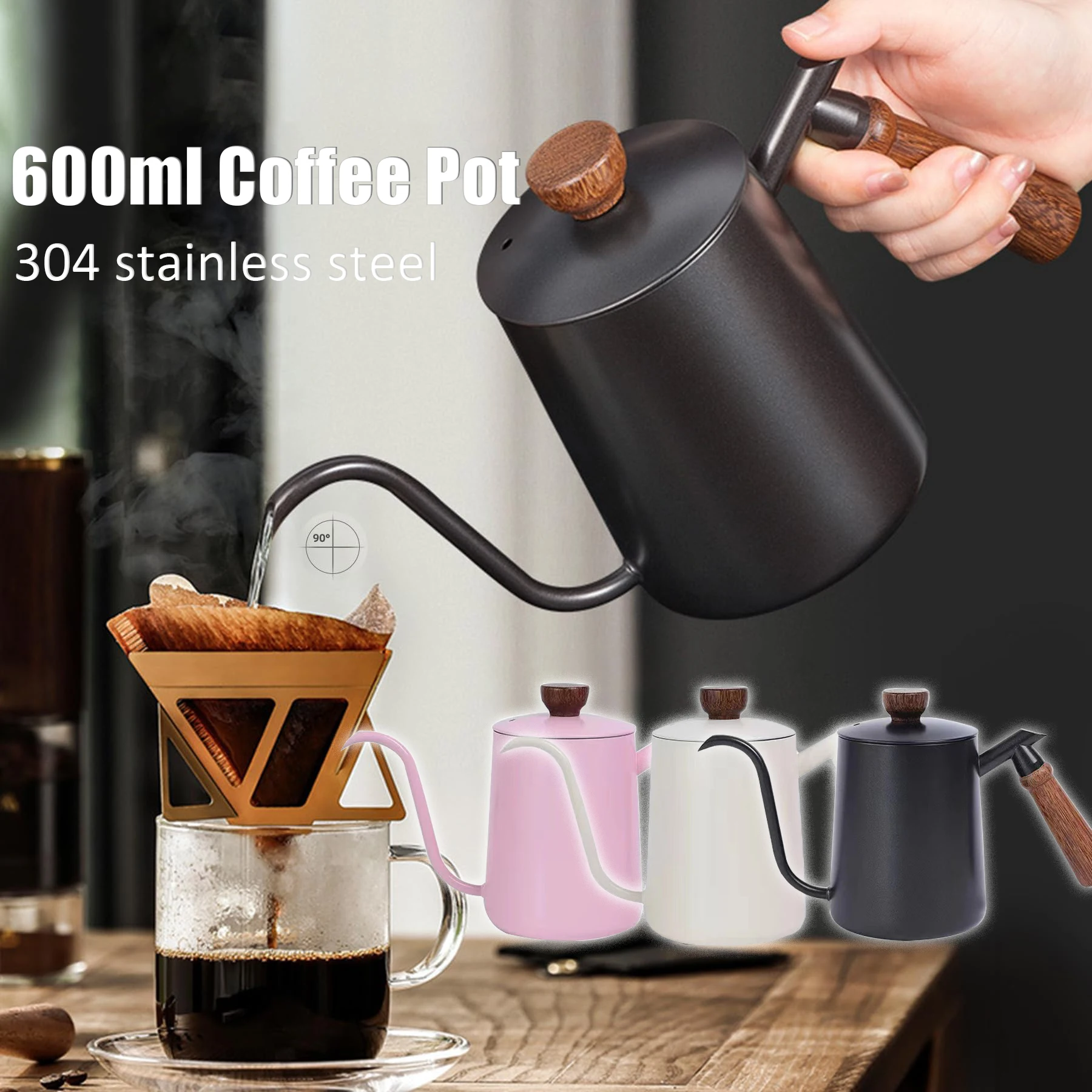 테플론 커피 포트 구즈넥 주전자, 핸드 브루, 에스프레소 스테인레스 스틸 티팟 나무 손잡이, 스토브용 물 끓이기, 600ml, 2-6 컵 