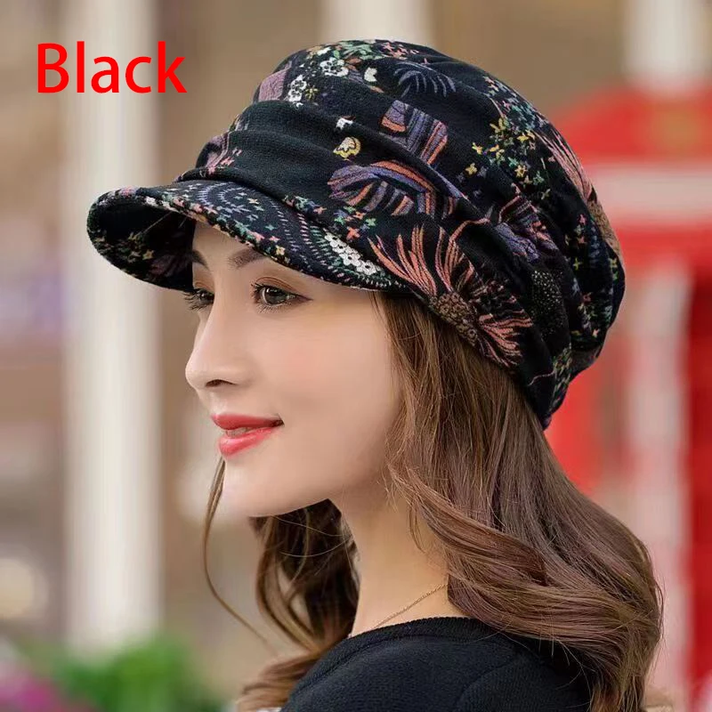 Short Brim Women Hat Warm Foldable Earflap Women Cap Floral Print Autumn Winter Hat Daily Clothing Turban Visor 2