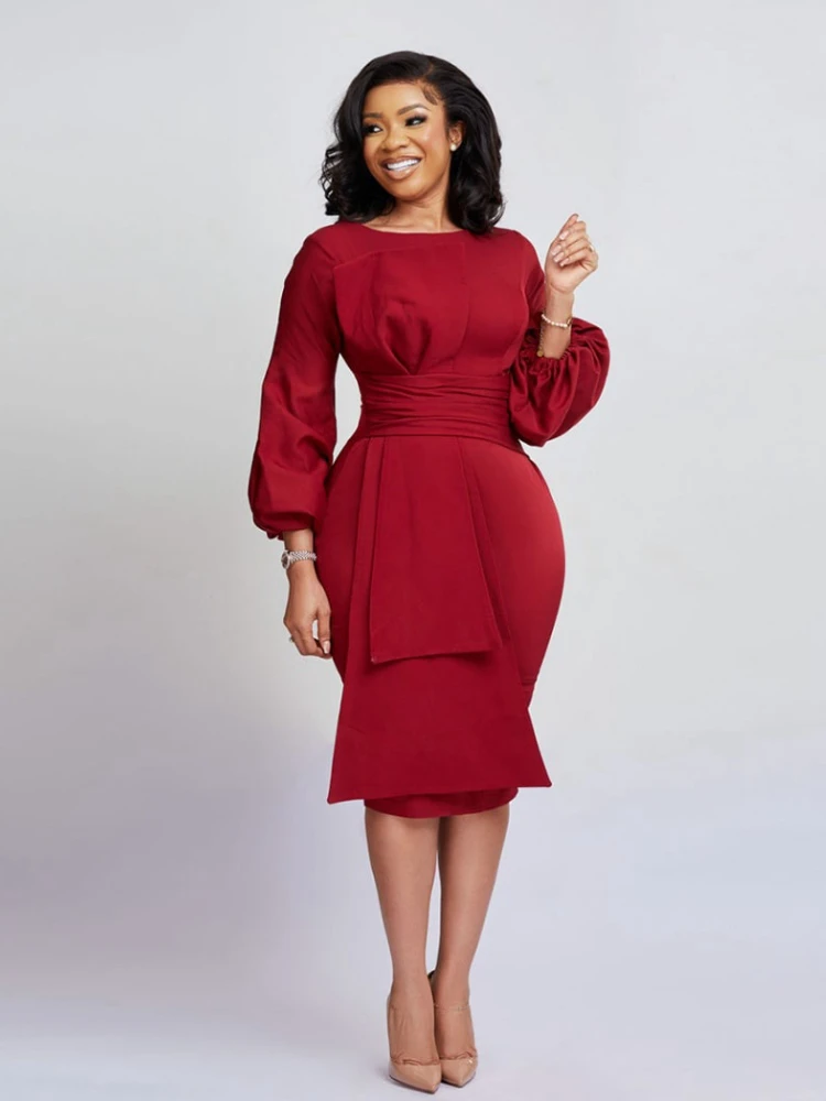 

Midi Dresses for Women Sheath O Neck Long Lantern Sleeve Empire Package Hip Knee-Length Elegant Office Work Dinner Party Gowns