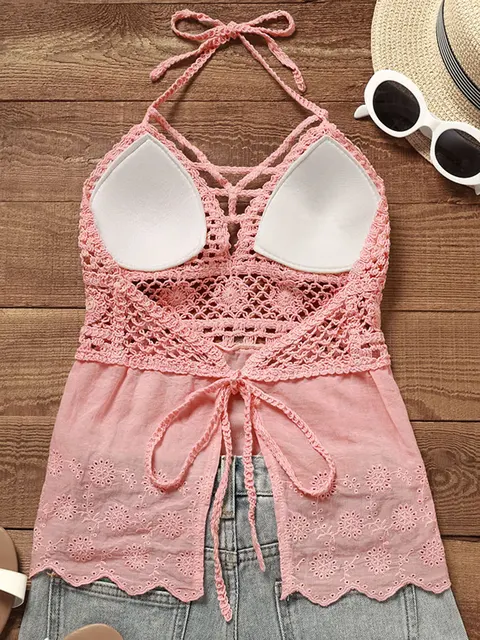 Fashion Hollow Out Halter Tie Camisole Lace Up Cami Top Crochet Knit Shell  Hem Summer Sleeveless Shirt Open Back Camis White