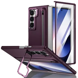 Premium Metal Lens Stand Case with S Pen Slot and Tempered Glass Protector for Samsung Galaxy Z Fold Series (Wine Red)