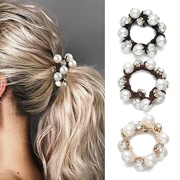 3 pezzi Paux Cravatta per capelli con tesa di perle Glitter Strass Decor Corda per capelli Scrunchies stile retrò per le donne 1