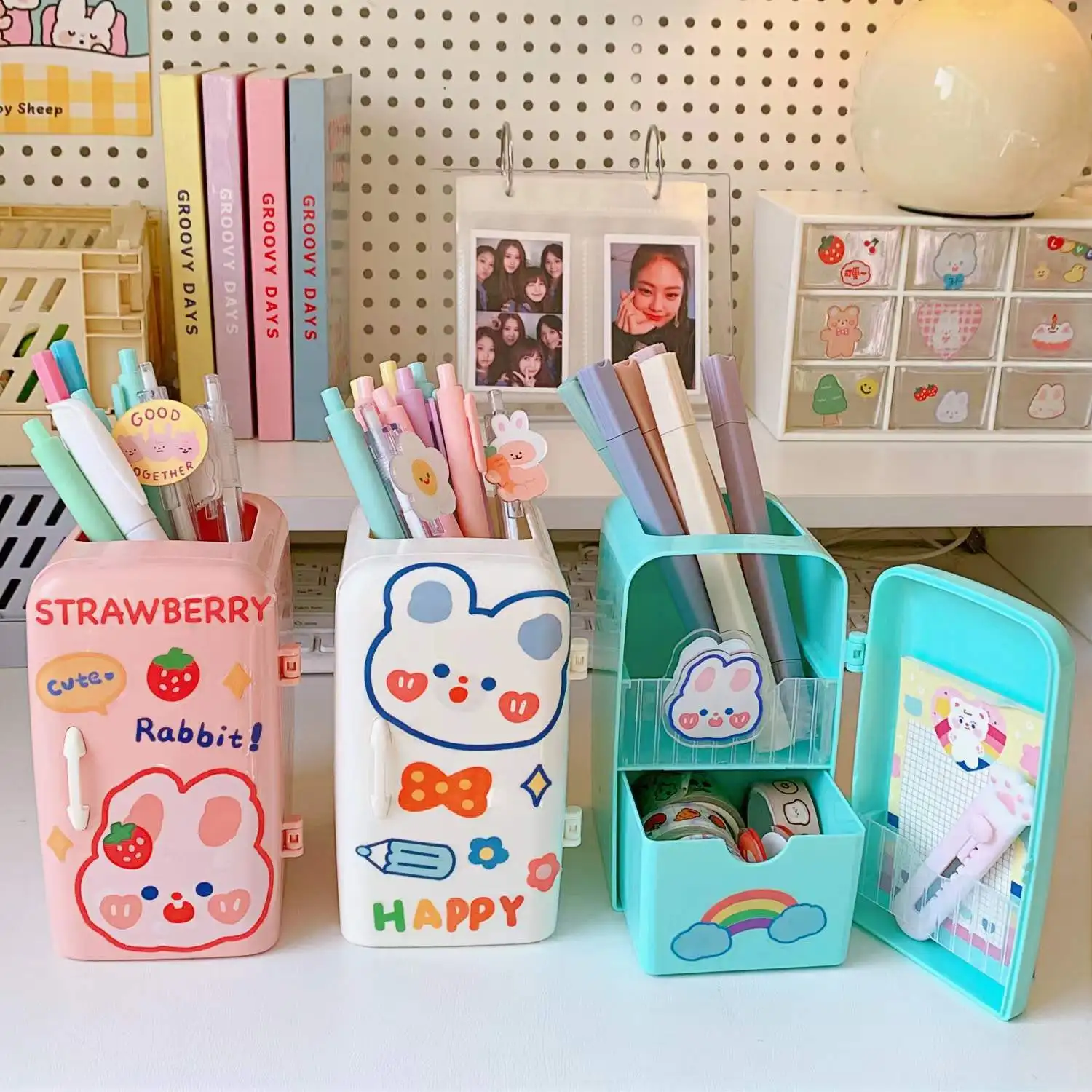 Cute Mini Fridge Pen Holder With Sticker Kawaii Plastic Creative Desk  Organizer For Pens Makeup Brush Home Office Storage Box - AliExpress