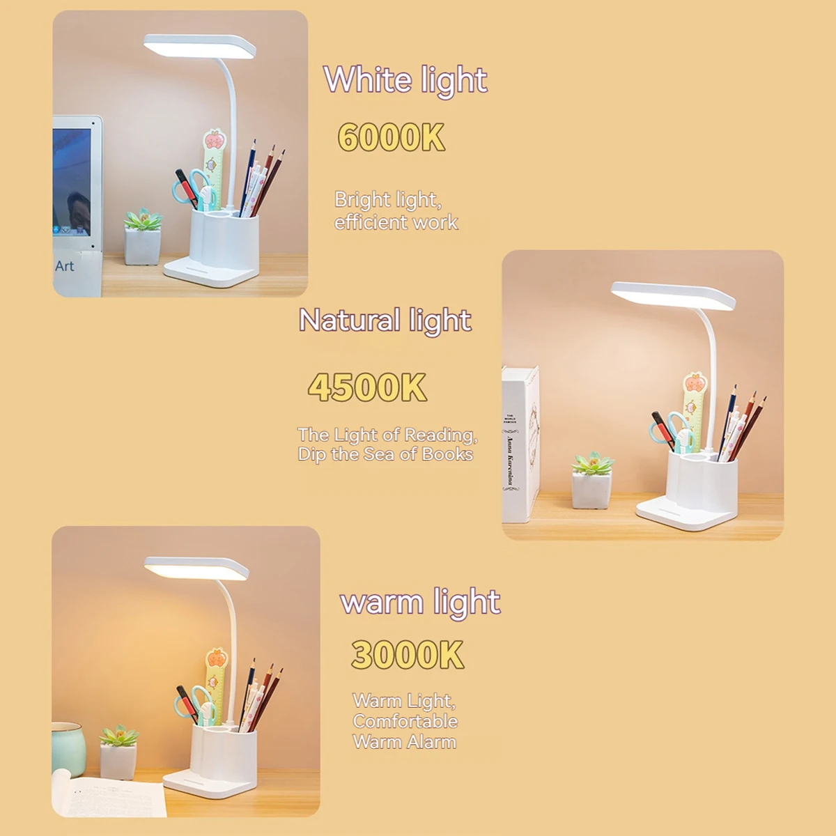 USB Rechargeable Table Lamp Learning Dormitory Bedroom Bedside LED Night Light Eye Protection 3 Levels Dimmable Touch Desk Lamp 5