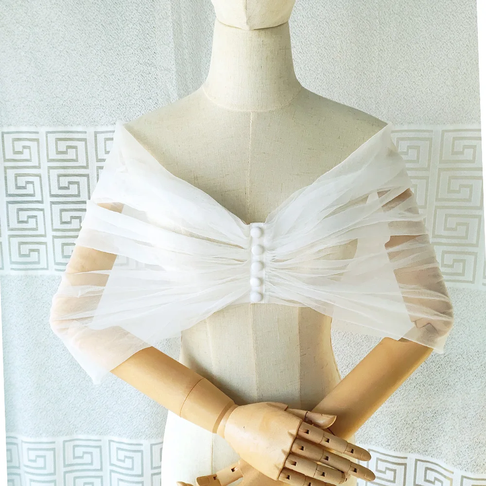 Women Pleated Tulle Sheer Wrap Wedding Bridal Off the Shoulder Stole Elegant Formal Shawl with Button Ivory Customizabl