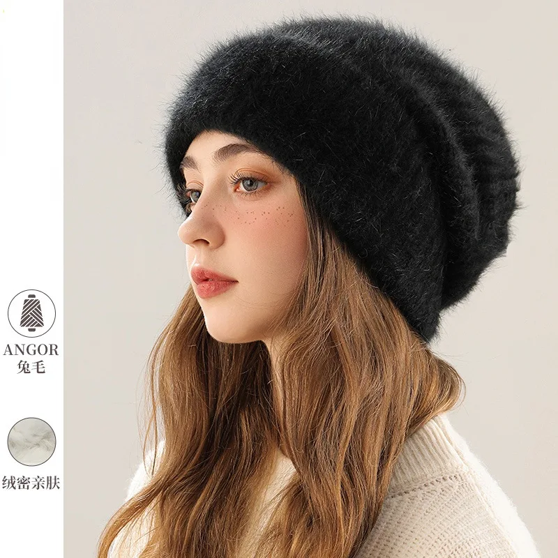 Large Size Cashmere Beanie Hat for Women's Winter Satin Lined Knitted Solid Skullies Cap Silk Lining Soft Warm Slouchy Bonnet