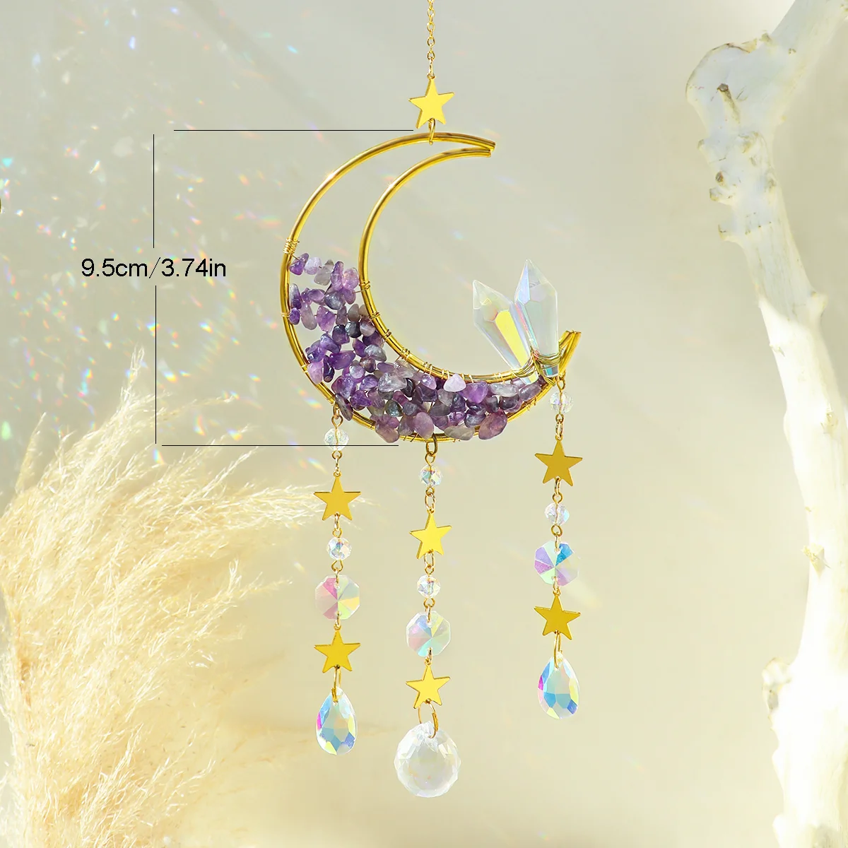 Crystal Suncatcher Moon Star Wall Hanging Decor Healing Crystals Rainbow Maker for Garden Outdoor Decoration Spring Window Decor