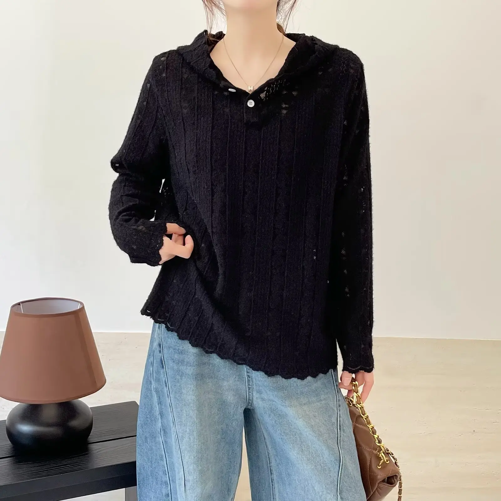 Fashion Plus Size Women's Blouses Autumn New Style Half Open Collar Lace Cutout Long Sleeve Hoodie Casual Top 8025