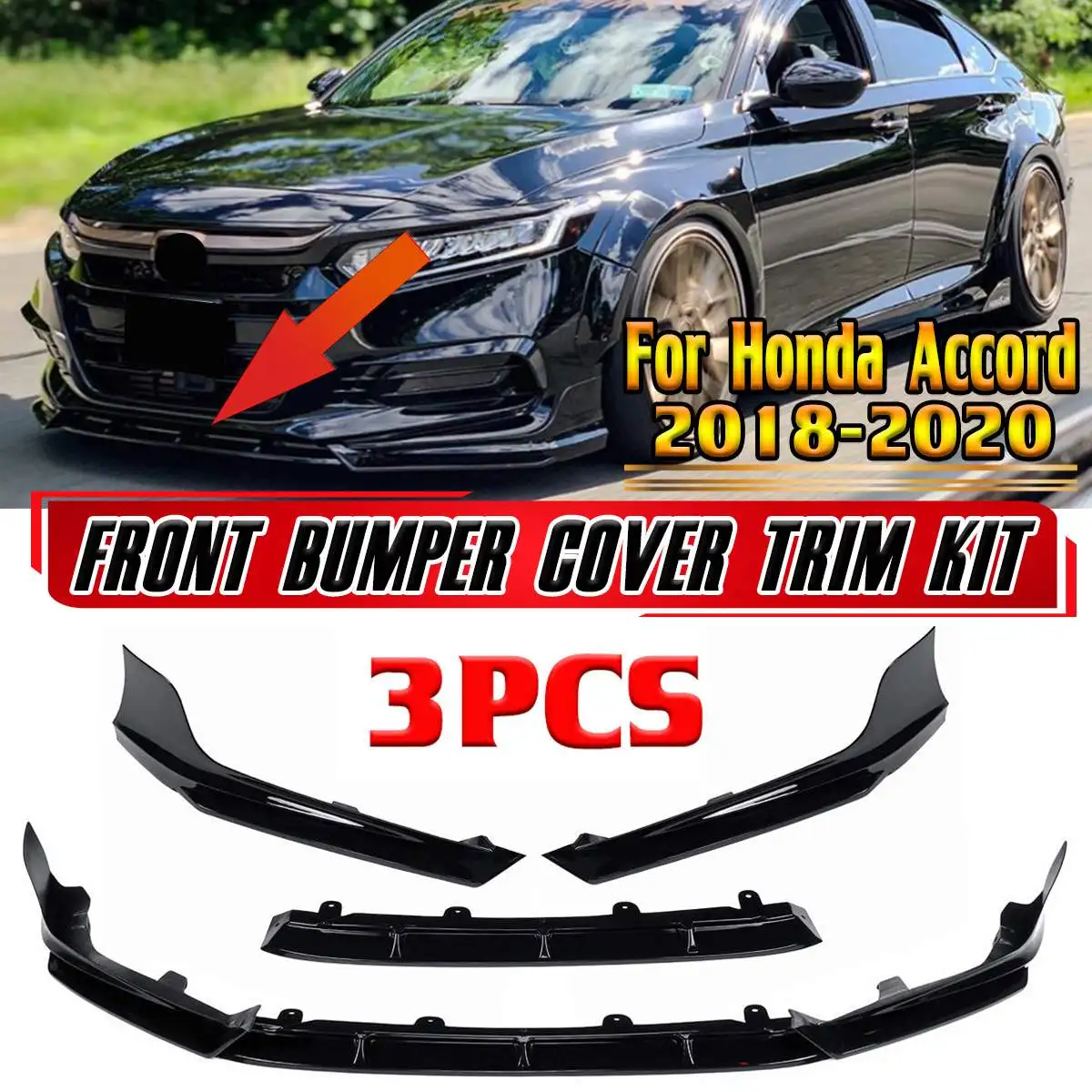 

3pcs Car Front Bumper Splitter Lip Spoiler Diffuser Guard Surround Molding Cover Trim Body Kit For Honda For Accord 2018-2019