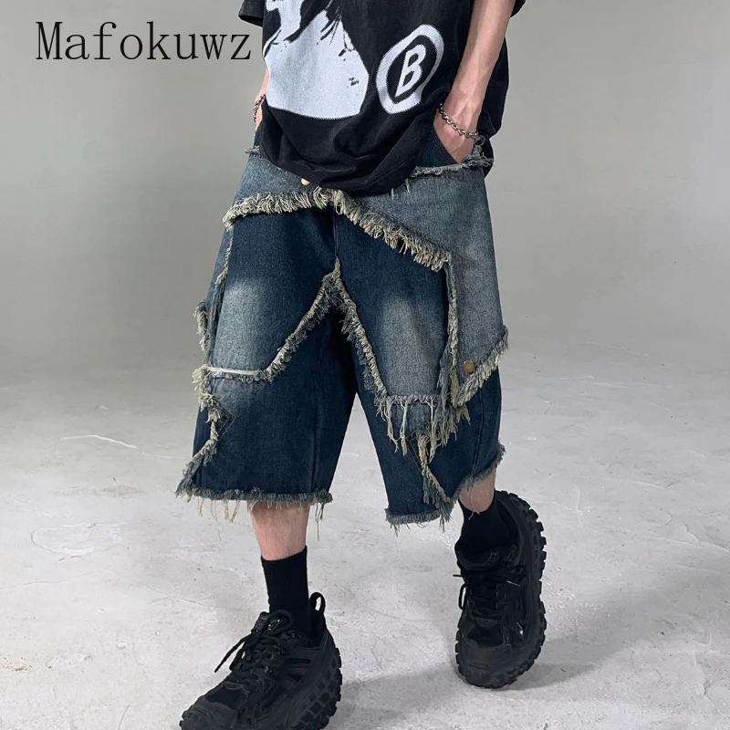American Retro Niche Star Patches Tassel Denim Shorts Men's Loose Casual Hip-hop Street Five-point Pants Men Bottom Male Clothes