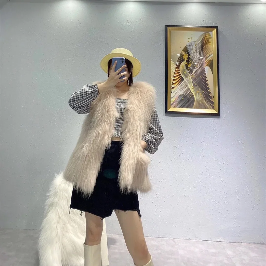 Raccoon Raccoon Dog Fur Coat Woven Fur Women's Clothes Medium Length Vest Double-sided Vest Open Tops Knitted Sexy Club Cardigan