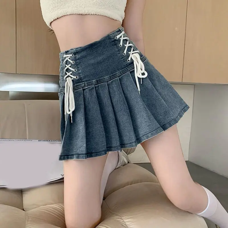 Denim Skirts Women Hotsweet Pleated Preppy Style Vintage Summer Lace Up Design High Waist Chic Mini Korean Fashion Streetwear