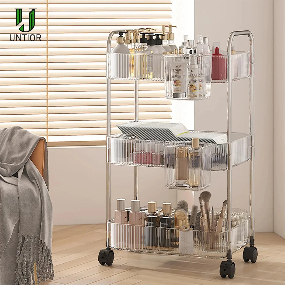 UNTIOR Transparent Storage Rack Trolley Transparent Acrylic Rolling Cart with Hanging Basket Bathroom Acrylic Makeup Bookshelf