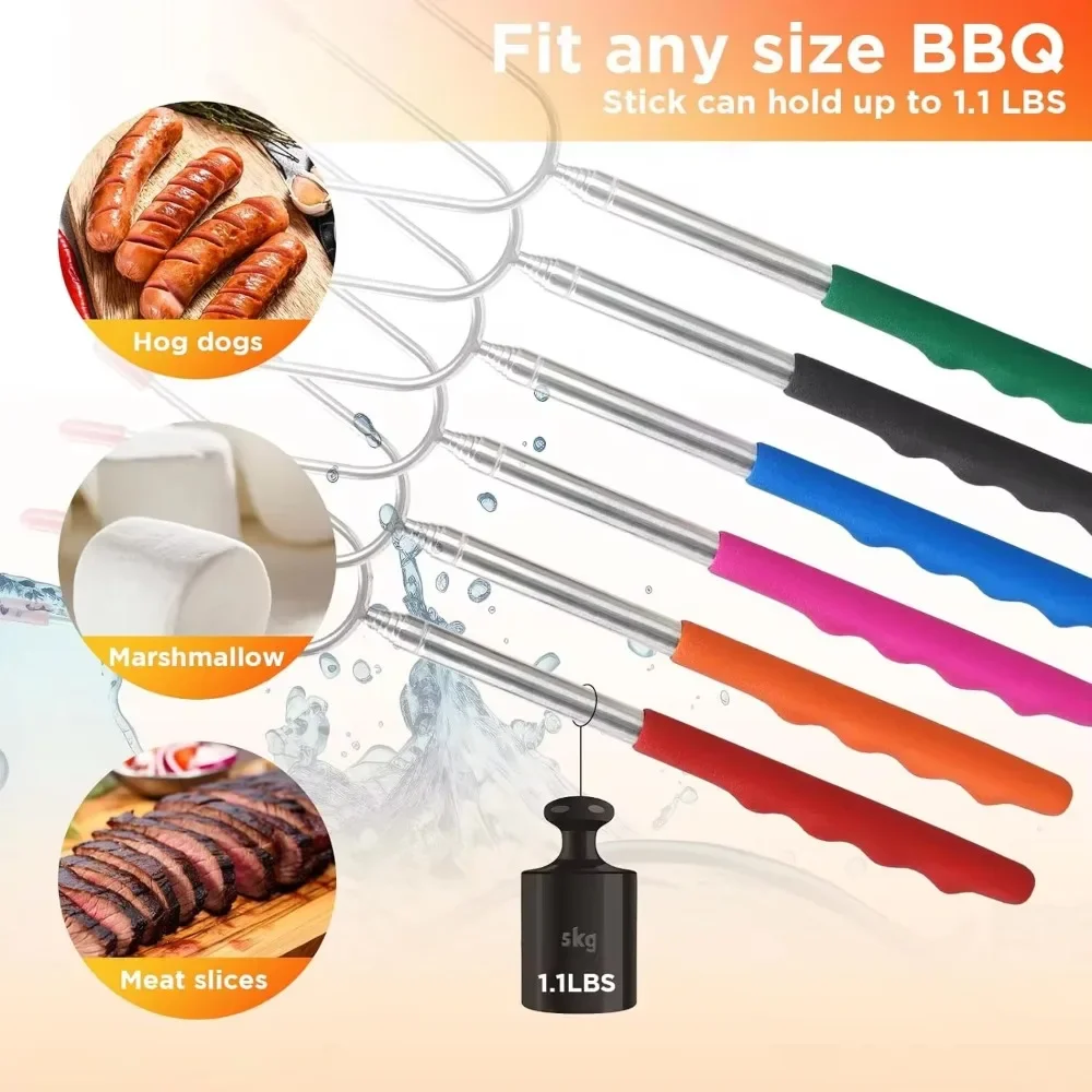 6pcs Telescopic BBQ Forks Marshmallows Roasting Sticks Stainless Steel Extendable Hot Dog Sausages Skewers Barbecue Tools