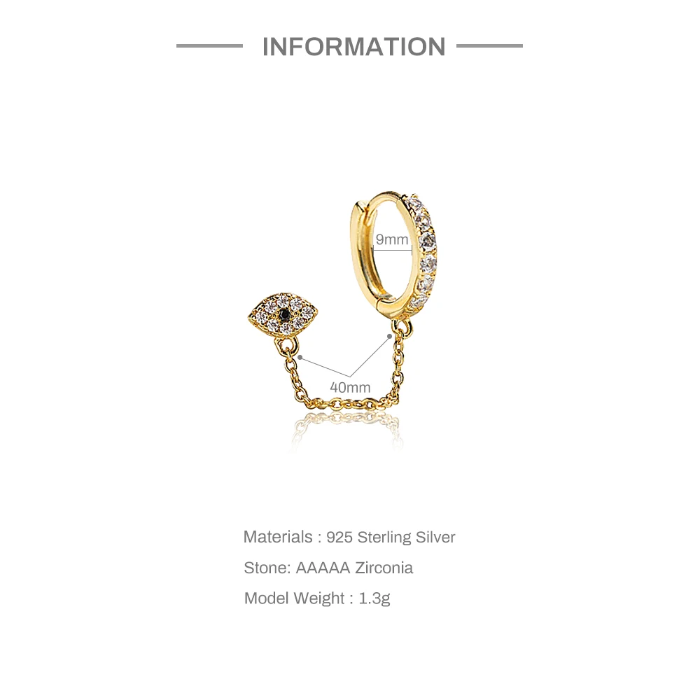 ROXI Trendy S925 Sterling Silver Single Row Cubic Zirconia Stud Hoop Earrings For Women Devil's Eye Chain Tassel 9mm Ear Buckle