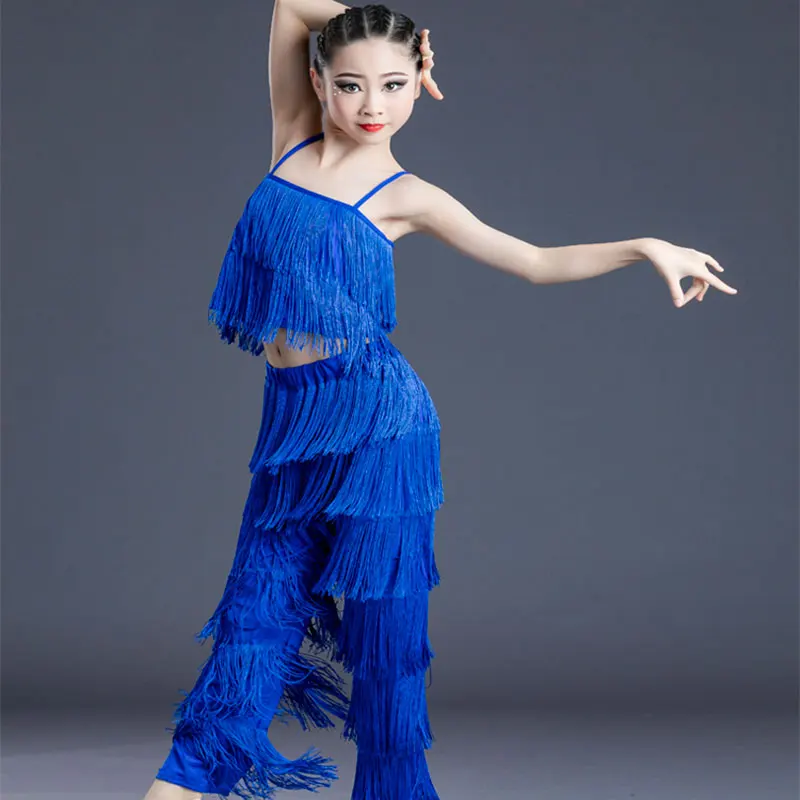 

Girl Latin Dance Pant Suit for Girls Latin Dance Dress Practice Clothes Standard Split Dance Costumes Kid Modern Dancewear Blue