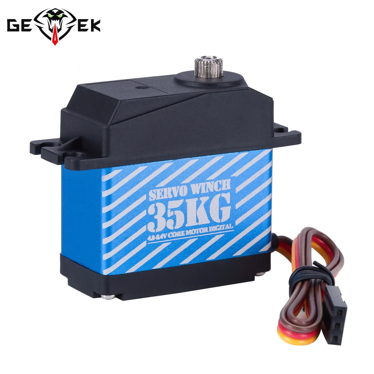 Servo 35kg fixé au treuil, câble acier tendu, vue rapprochée du mécanisme.