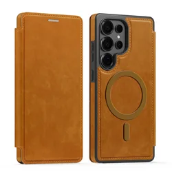 Elegant Business Leather Flip Case with Magnetic Magsafe and Built - in Card Slot - Galaxy S24 Ultra (Brown)