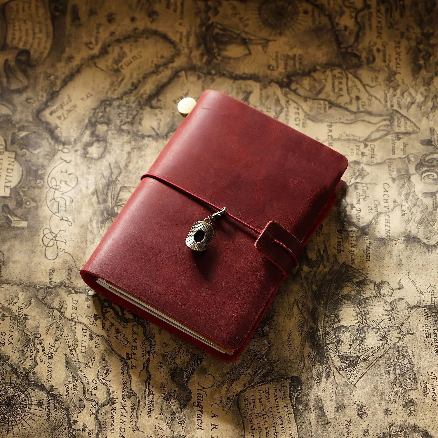 Vintage Refillable Crazy Horse Leather Travel Journal with Antique Metal Charms and Elastic Closure