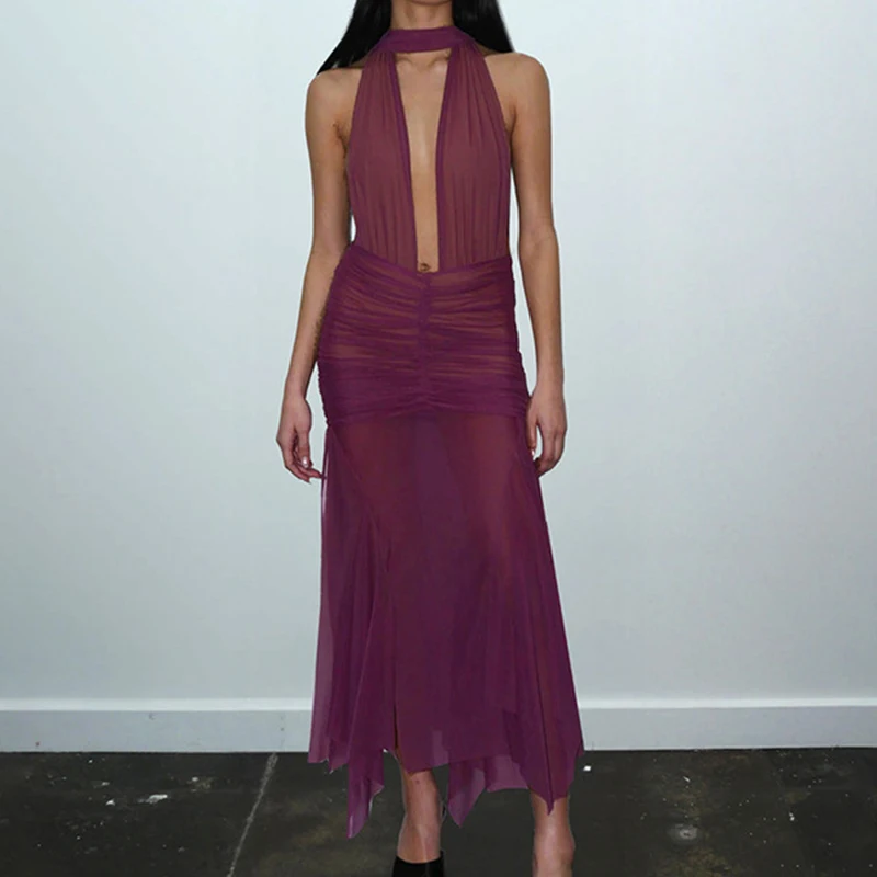 

Elegant Halter Neck Off Shoulder Party Dress Women Sexy Lace Mesh Draped Waist Long Dress Casual Backless Solid Irregular Dress