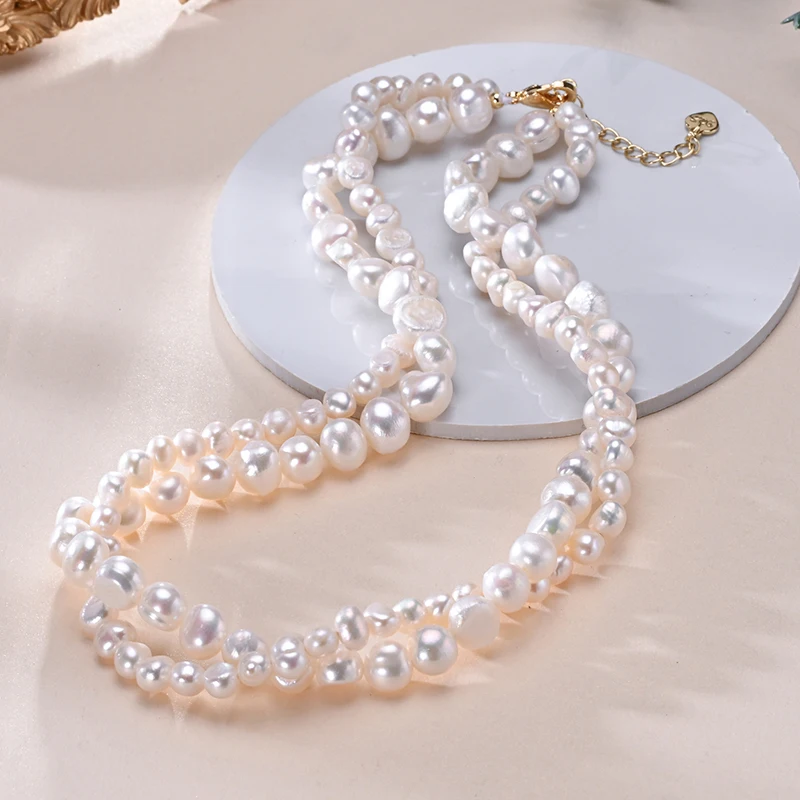 

Natural Freshwater Pearls Double Layer Beaded Baroque Shape Necklace S925 Sterling Silver Chain Elegant Jewelry Gifts for Women