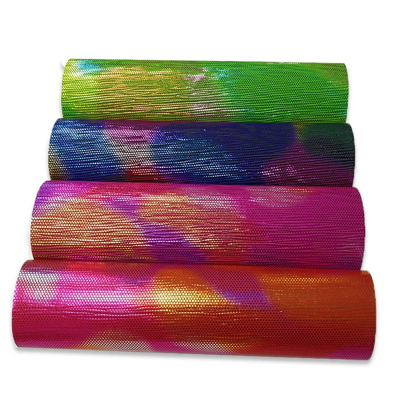 

XHT-562 Laser Metallic Effect Colorful Iridescent PU Faux Leather Fabric Sheet for Decorative/DIY Accessories30*135CM