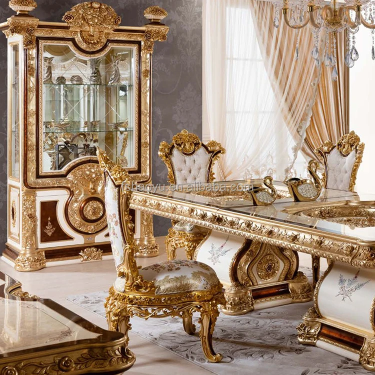 European royal dining table set 6 seater luxury dining table solid wooden table and chair French dining room furniture