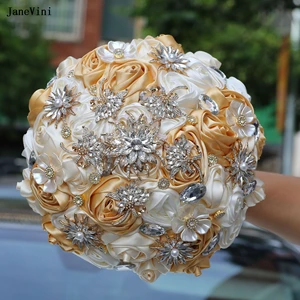 JaneVini 2024 Elegant Khaki Ivory Wedding Flowers Bridal Bouquets Luxury Silver Crystal Artificial Satin Roses Bouquet for Bride