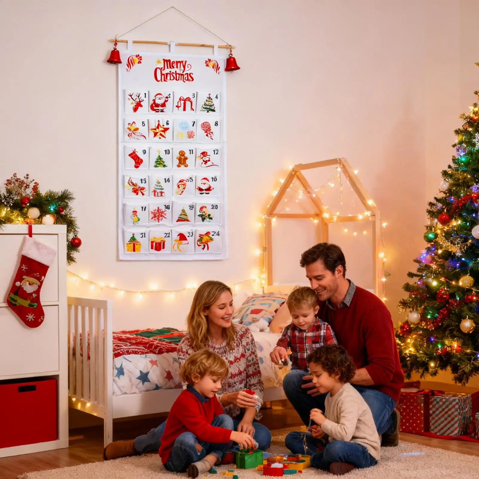 Calendar Advent with Pockets 24 Day Christmas Storage Bag Hangable Fabric Calendar for Living Room Classroom Kindergarten